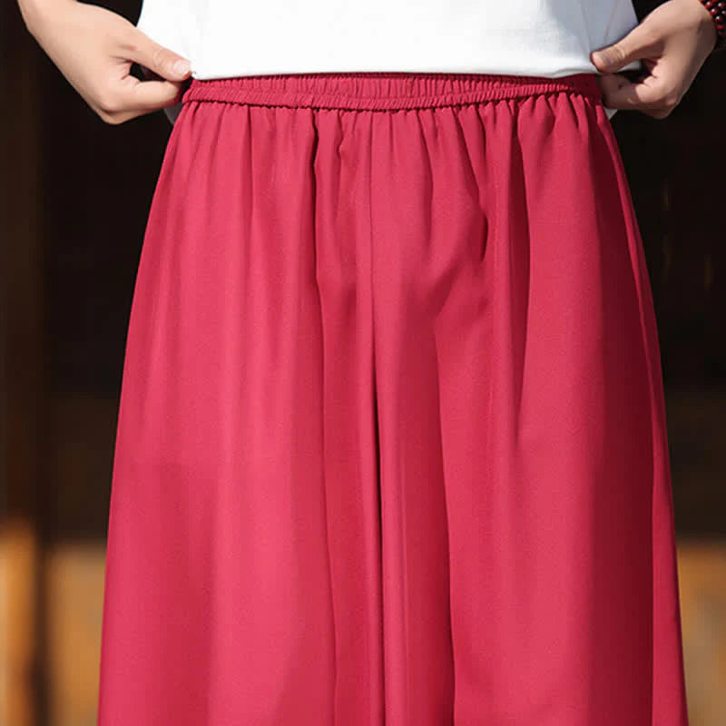 Buddha Stones Summer Cotton Embroidered Hem Elastic Waist Men's Cropped Wide Leg Pants With Pockets