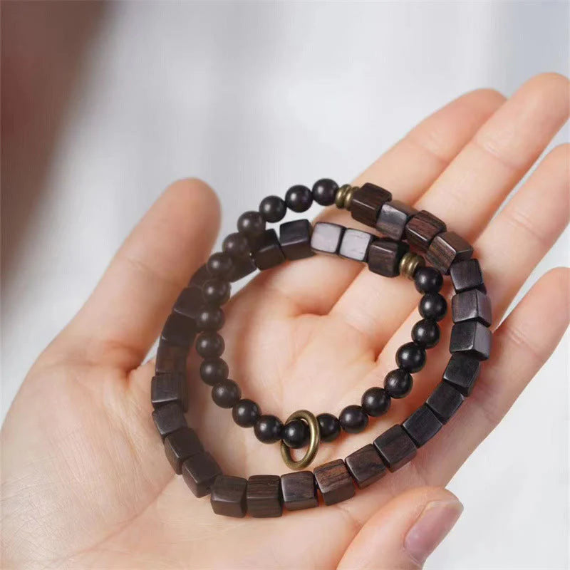 Buddha Stones Tibet Ebony Wood Square Beads Peace Double Wrap Bracelet