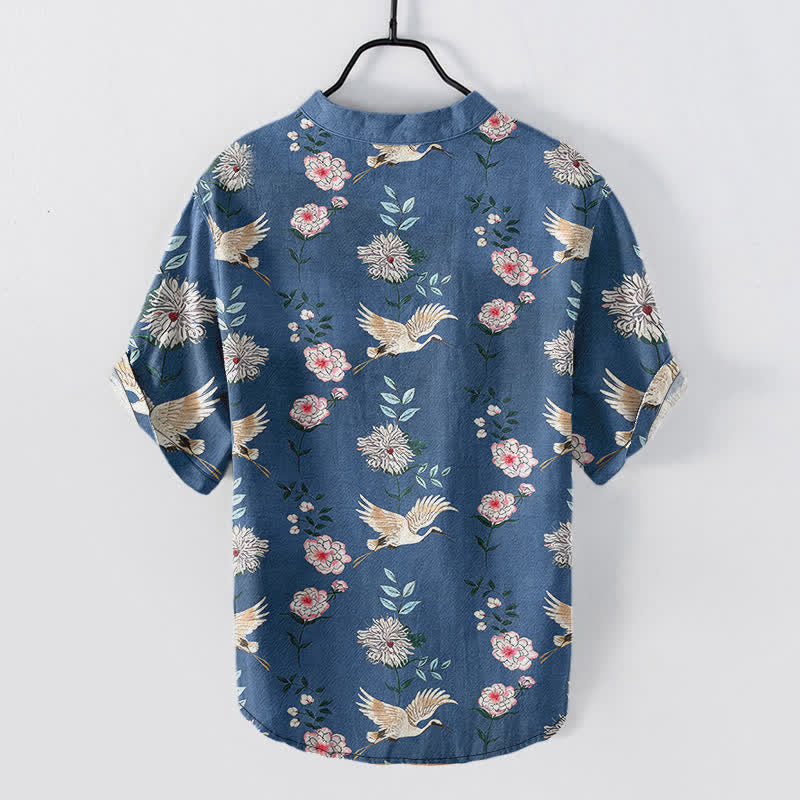 Buddha Stones Cotton Crane Floral Print Men's Short Sleeve Half Button Shirt