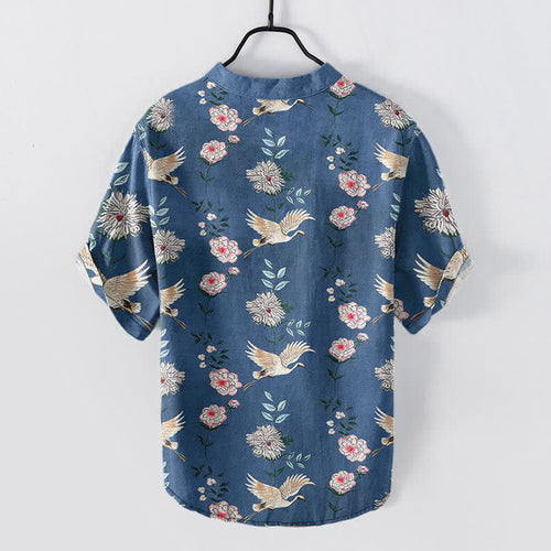 Buddha Stones Cotton Crane Floral Print Men's Short Sleeve Half Button Shirt