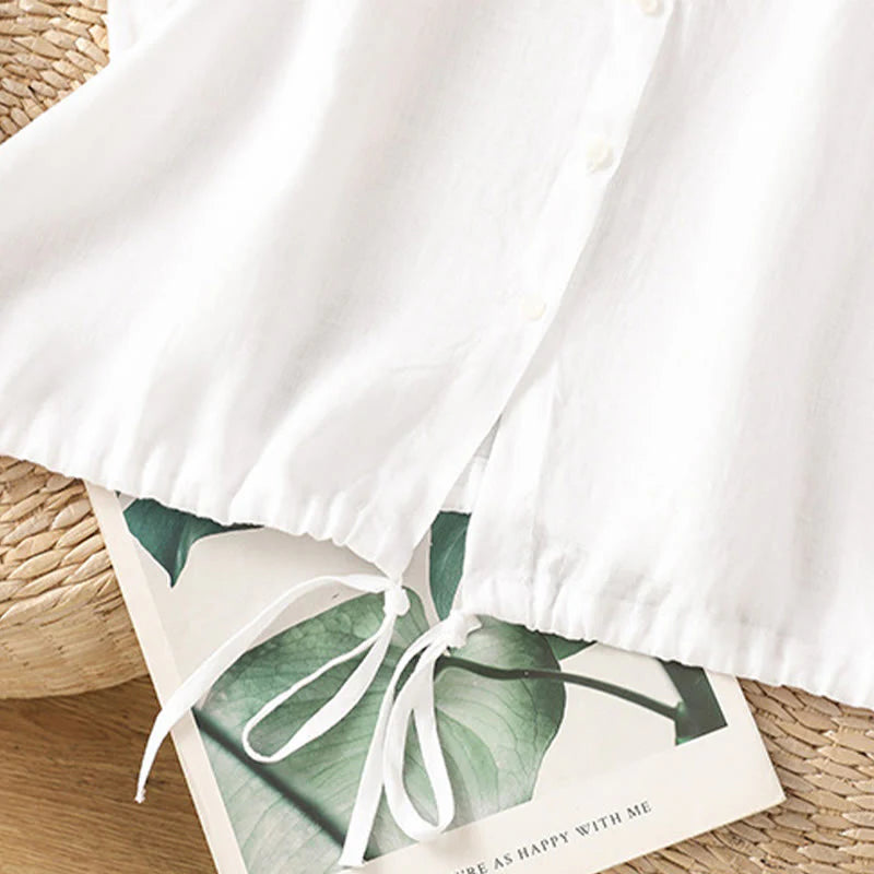 Buddha Stones Summer Plain Color Button Short Sleeve Women's Cotton Shirt