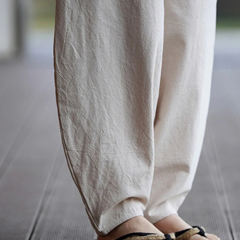 Buddha Stones Summer Plain One Chinese Frog-Button Straight Leg Design Men's Cotton Linen Pants With Pockets