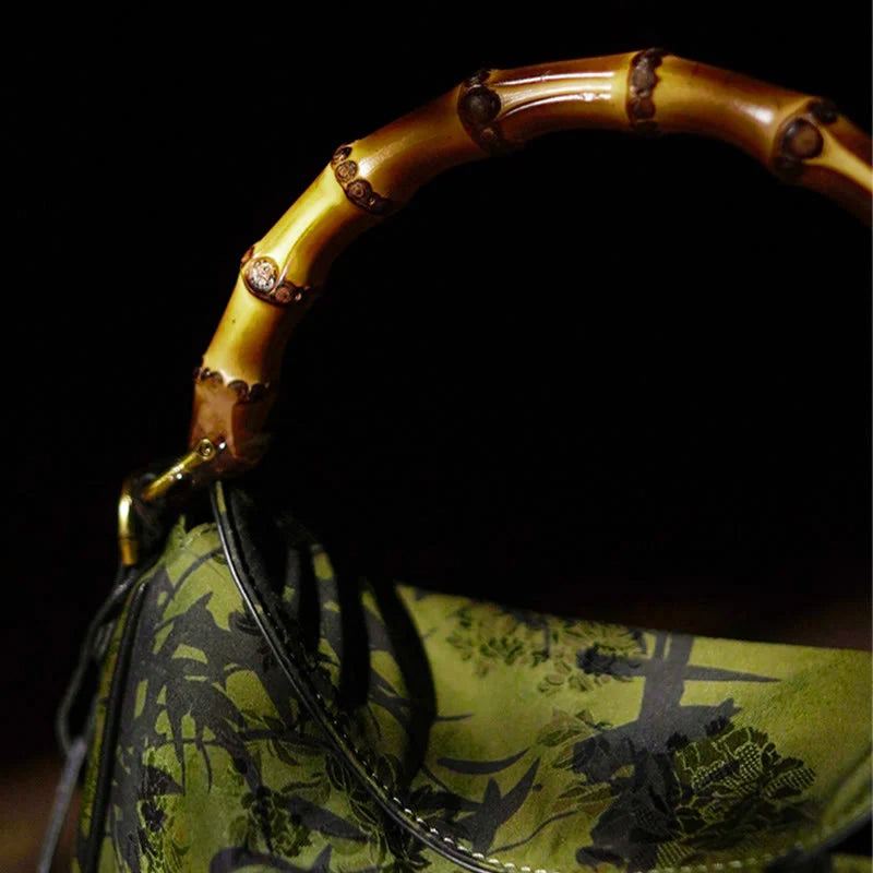 Buddha Stones Lush Bamboo Handle Xiangyunsha Silk Crossbody Bag Hangbags