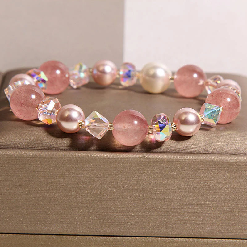Buddha Stones Natural Strawberry Quartz White Crystal Pearl Positive Bracelet