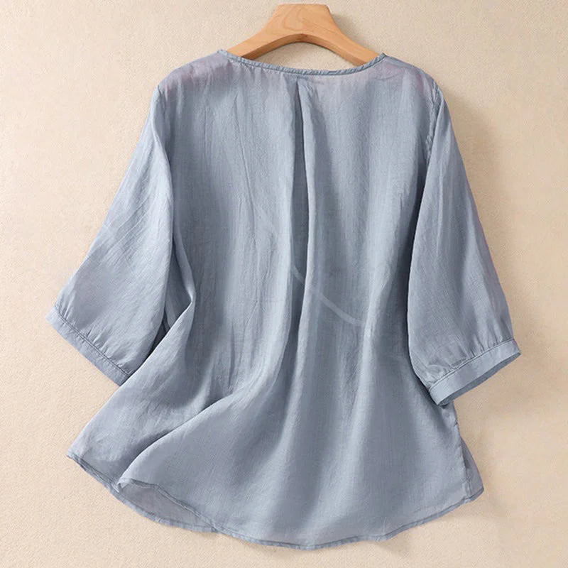 Buddha Stones Embroidered Flower Crew Neck Design Women's Cotton Linen Half Sleeve Shirt