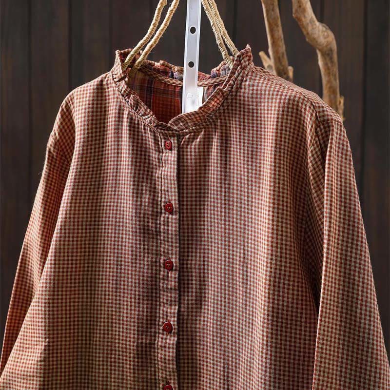 Buddha Stones Fall Tiny Plaid Button Down Ruffle Collar Long Sleeve Women's Cotton Shirt