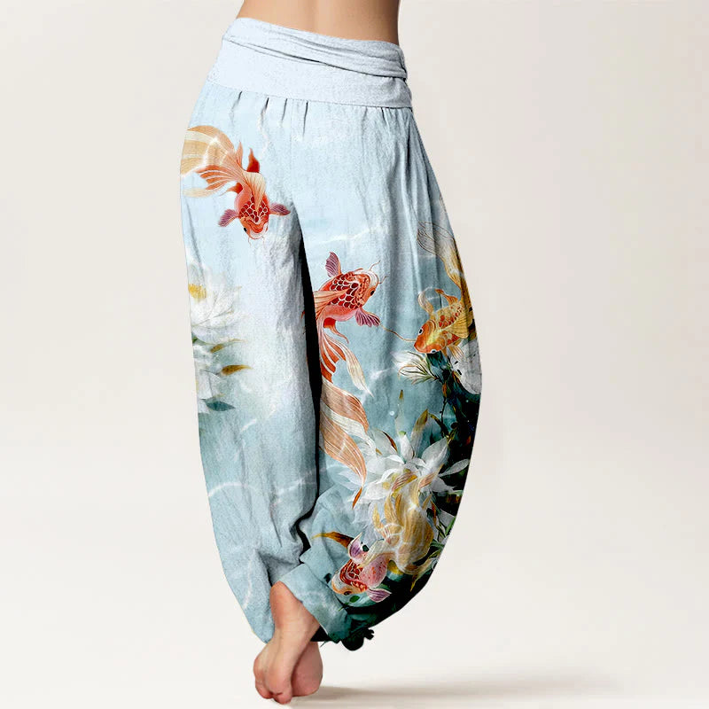 Buddha Stones Pure Cotton Light-Colored Koi Fish Lotus Flower Pattern Women's Elastic Waist Harem Pants