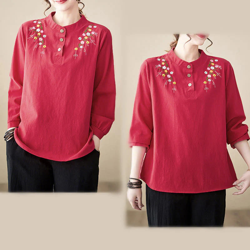 Buddha Stones Women's Spring Embroidered Flower Pattern Stand Collar Long Sleeve Cotton Shirt