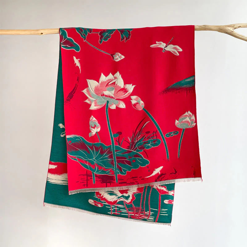 Buddha Stones Fall Lotus Koi Fish Dragonfly Pattern Cozy Scarf Shawl