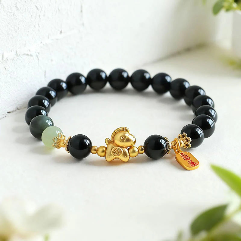 Buddha Stones Year Of The Horse Hetian Jade Black Obsidian Red Agate Strength Bracelet