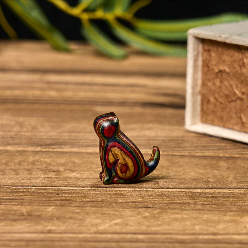 Buddha Stones 2Pcs Mini Rainbow Eucalyptus Sitting Cat Carved Reduce Stress Decoration