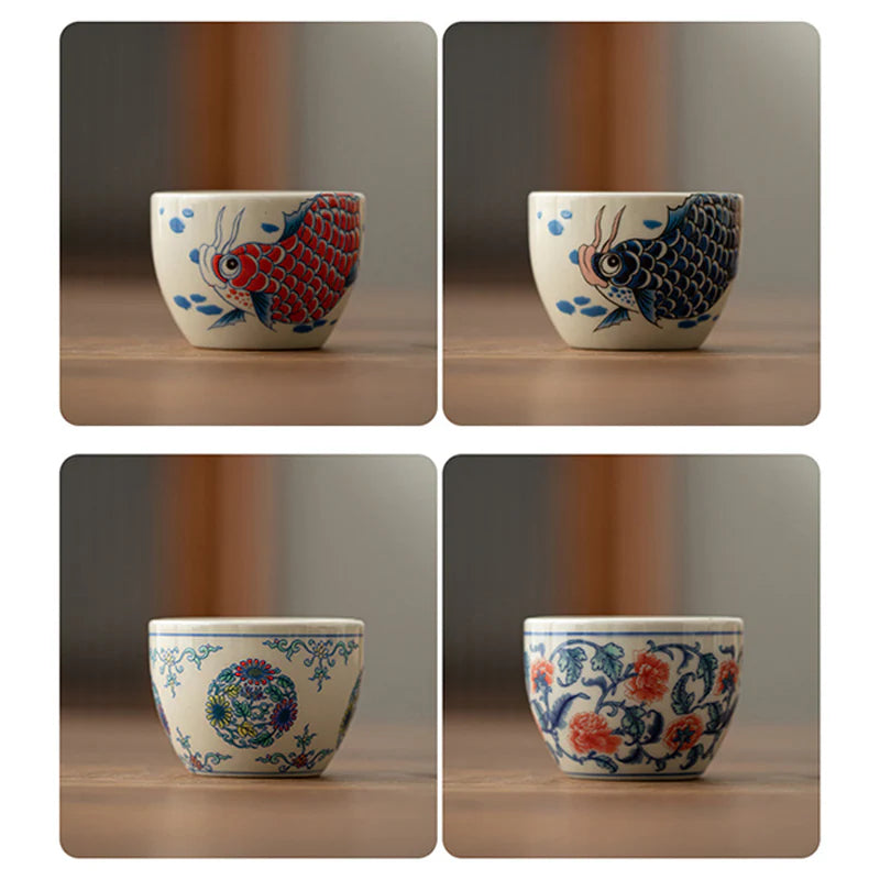 Buddha Stones Koi Fish Arowana Peony Sunflower Ceramic Teacup Kung Fu Tea Cup 60ml