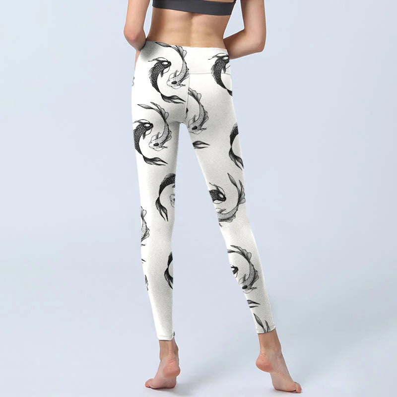 Buddha Stones YinYang Koi Fish Pattern Print Gym Leggings Women's Yoga Pants