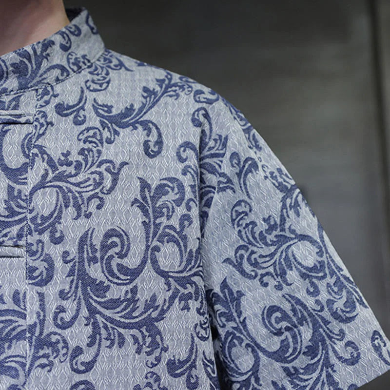Buddha Stones Summer Floral Vine Pattern Tang Suit Men's Frog-Button Short Sleeve Shirt With Pockets