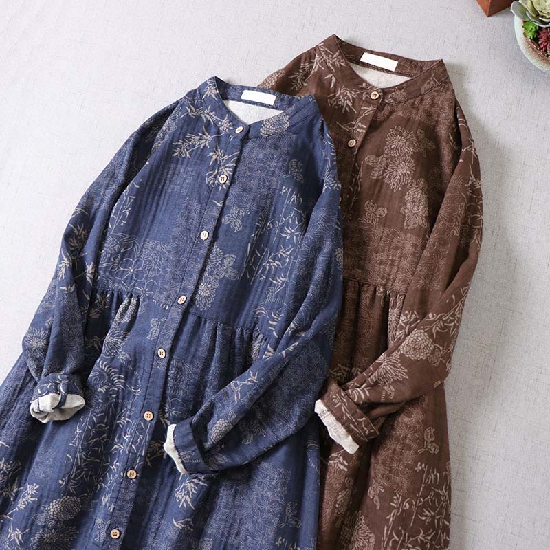 Buddha Stones Commute Bamboo Floral Pattern Long Sleeve Buttons Women's Cotton Midi Dress With Pockets