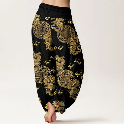 Buddha Stones Pure Cotton Double Dragon Cloud Pattern Women's Elastic Waist Harem Pants