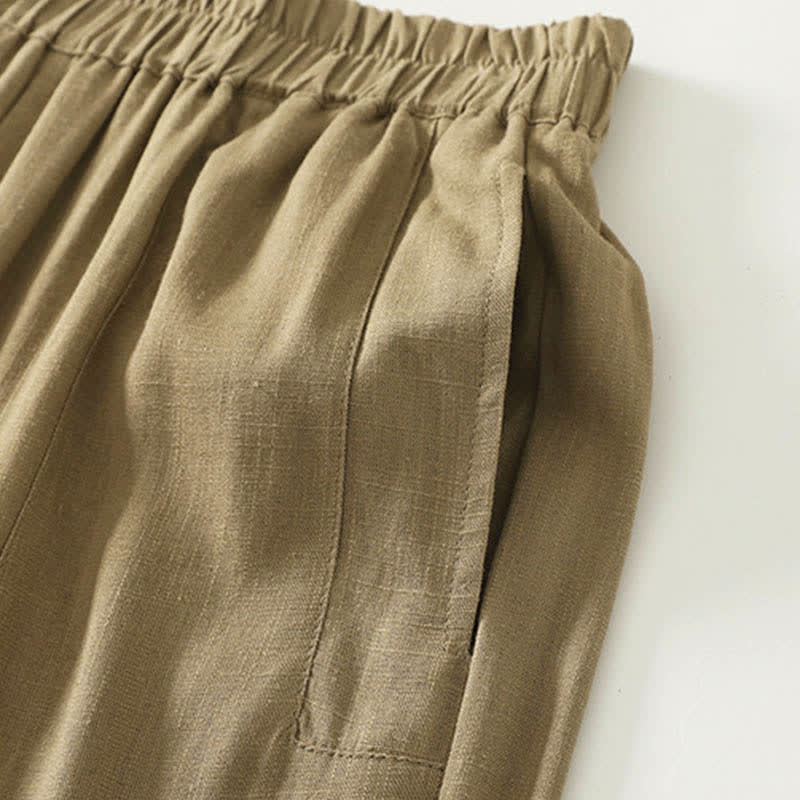 Buddha Stones Spring Solid Color Elastic Waist Cotton Women's Straight Leg Pants With Pockets