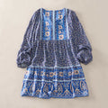 Buddha Stones Fall Boho Floral Paisley Cotton Bracelet Sleeve Women's Mini Dress with Puff Sleeves and Tie Neck