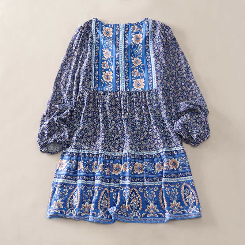 Buddha Stones Fall Boho Floral Paisley Cotton Bracelet Sleeve Women's Mini Dress with Puff Sleeves and Tie Neck
