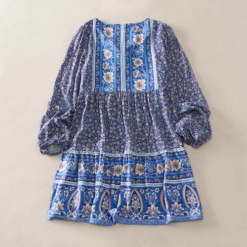 Buddha Stones Fall Boho Floral Paisley Cotton Bracelet Sleeve Women's Mini Dress with Puff Sleeves and Tie Neck