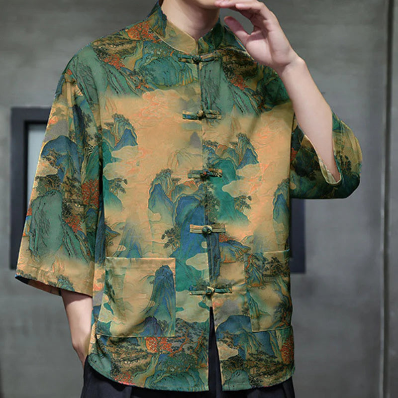 Buddha Stones Spring Frog-Button Dragon Mountain Flower Three Quarter Sleeve Tang Suit Men's Shirt With Pockets