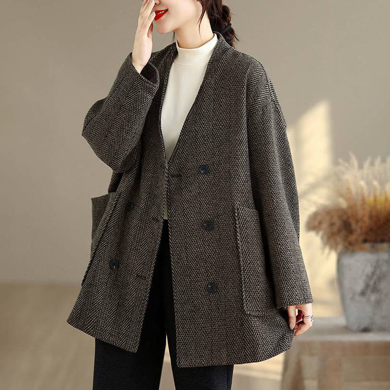 Buddha Stones Stripe V-Neck Cotton Long Sleeve Women's Coat With Pockets