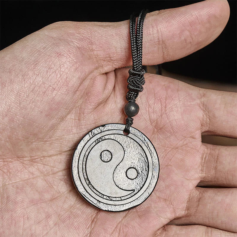Buddha Stones Natural Authentic Shungite Stone Carved Yin Yang Protection Necklace Pendant