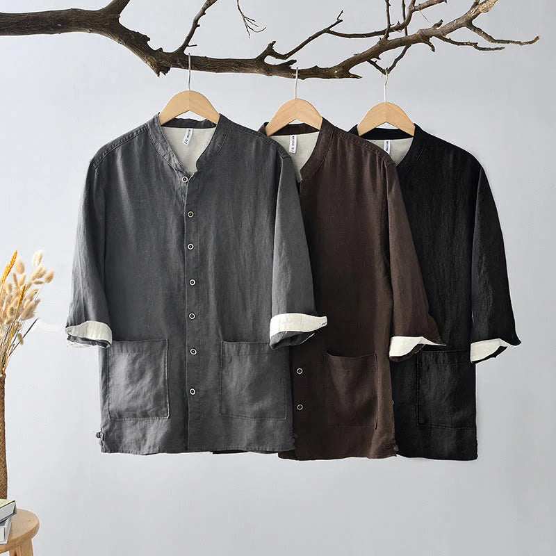 Buddha Stones Fall Solid Color Buttons Down Stand Collar Three Quarter Sleeve Linen Men's Shirt With Pockets