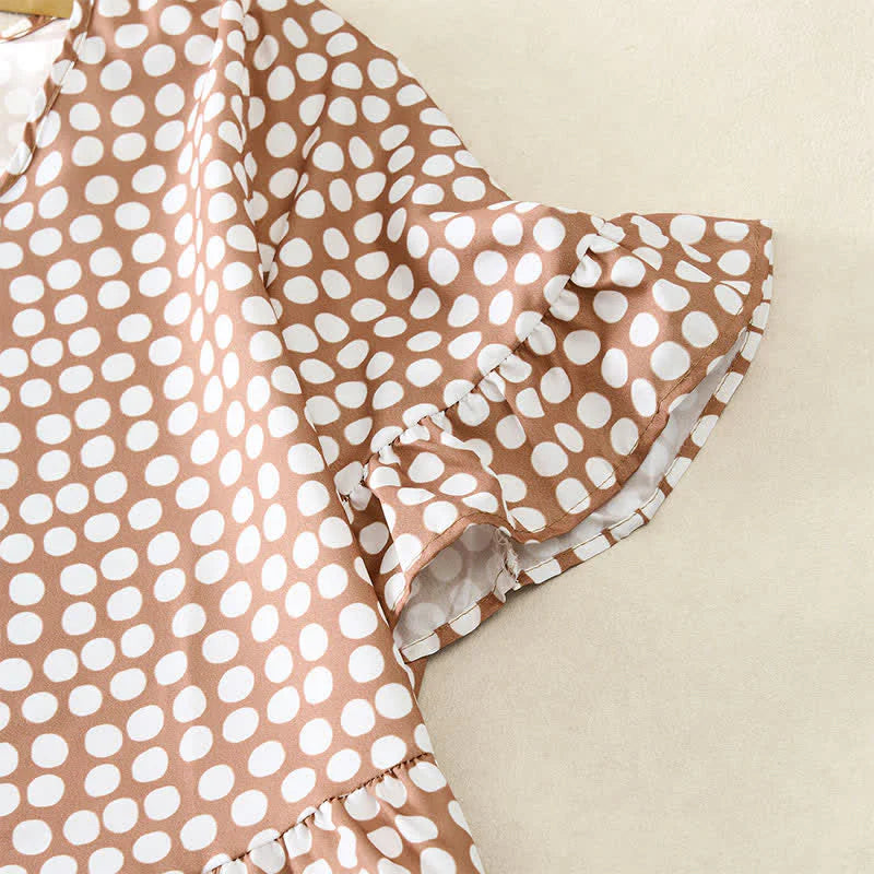 Buddha Stones Summer Elegant Polka Dot A Line Ruffle Hem Short Sleeve Knee Length Dress