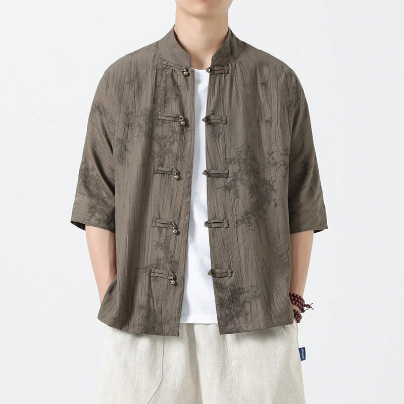 Buddha Stones Summer Pine Needles Pattern Short Sleeve Frog-Button Design Men's Shirt