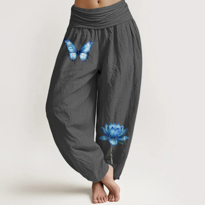 Buddha Stones Pure Cotton Dreamy Butterfly Lotus Pattern Women's Elastic Waist Harem Pants