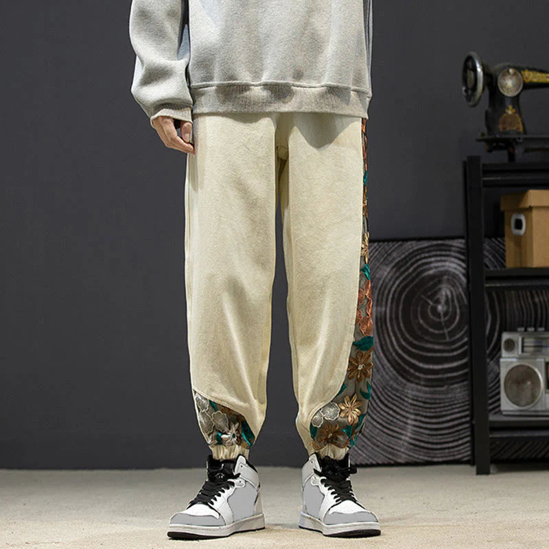 Buddha Stones Spring Men's Embroidered Flower Pattern Patchwork Cotton Pants With Pockets