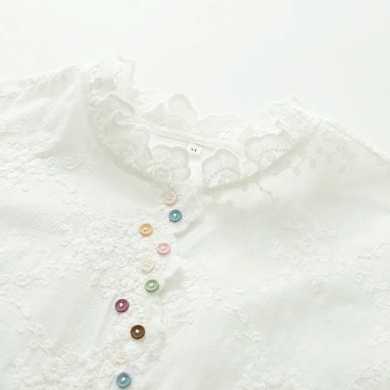 Buddha Stones Fall Ruffled Collar Embroidered Relief Flower Buttons Women's Cotton Long Sleeve Shirt