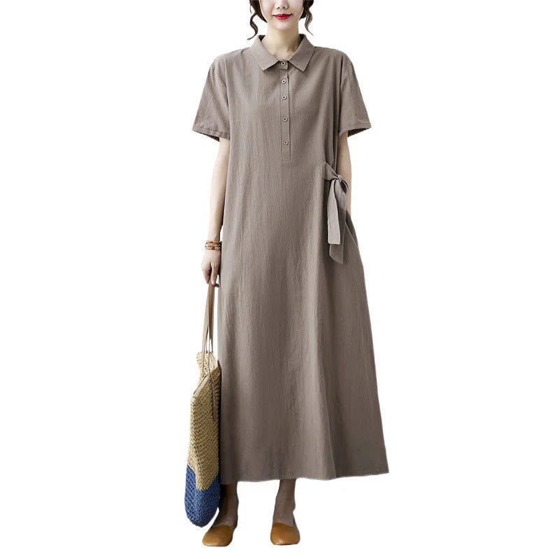 Buddha Stones Casual Plain Side Lace-Up Lapel Short Sleeve Cotton Linen Midi Dress With Pockets
