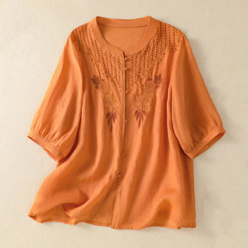 Buddha Stones Rose Floral Embroidery Button Half Sleeve Women's Cotton Shirt
