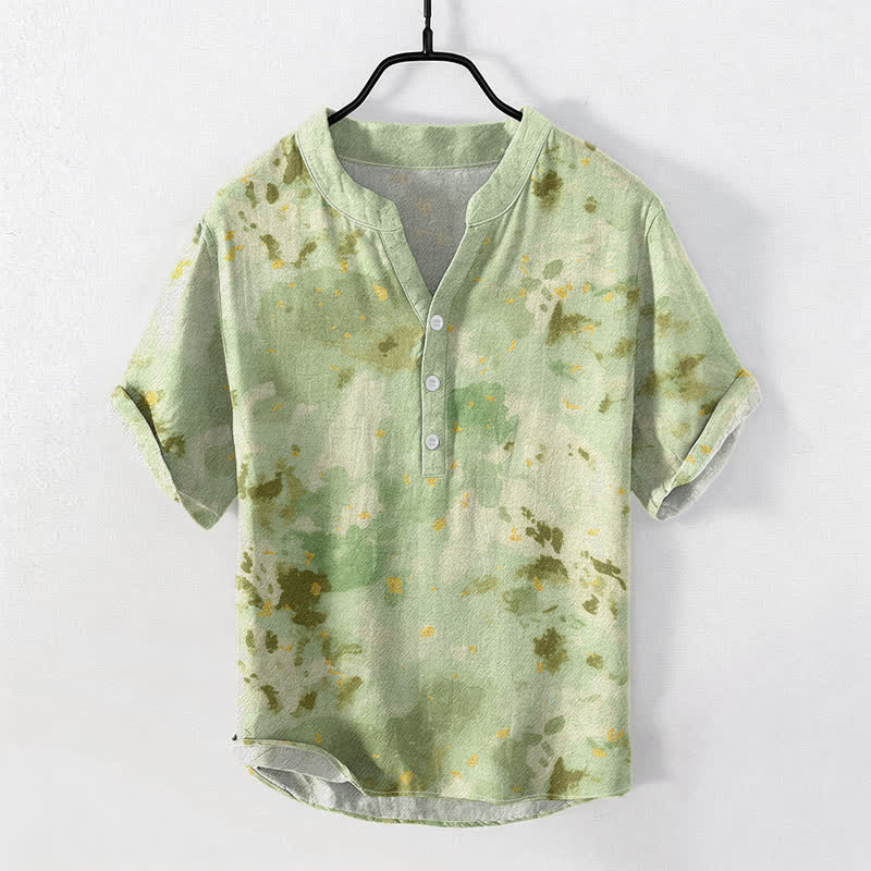 Buddha Stones Cotton Watercolor Splash Men's Short Sleeve Half Button Shirt
