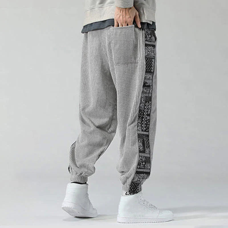 Buddha Stones Fall Solid Drawstring Side Paisley Pattern Straight Leg Ankle-length Corduroy Men's Pants With Pockets