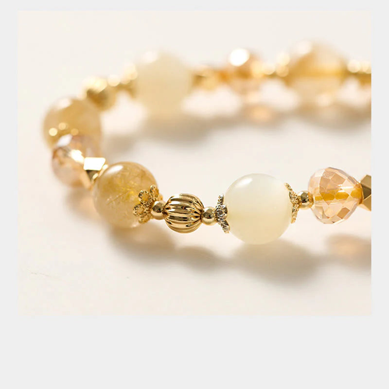 Buddha Stones 14K Gold Plated Golden Rutilated Quartz Wealth Bell Lucky Fortune Charm Bracelet