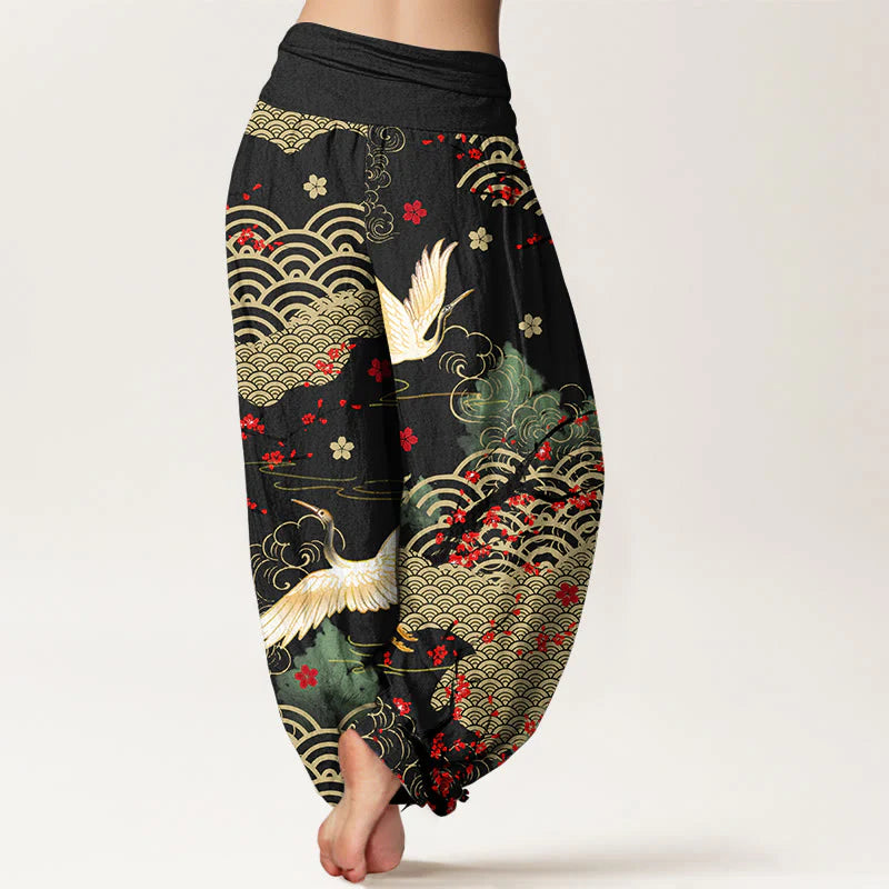 Buddha Stones Print Crane Auspicious Clouds Flowers Pattern Women's Elastic Waist Harem Cotton Pants