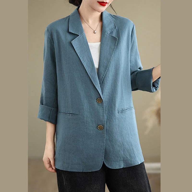 Buddha Stones Spring Solid Color Long Sleeve Cotton Linen Women's Jacket With Pockets