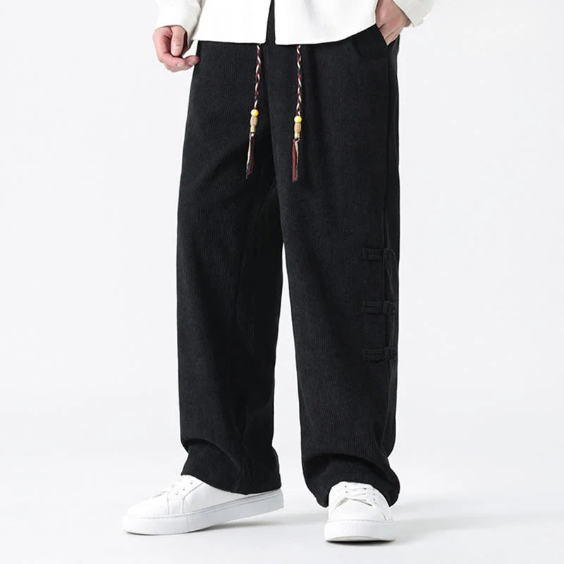Buddha Stones Fall Solid Frog-Button Men's Drawstring Corduroy Straight Leg Pants With Pockets
