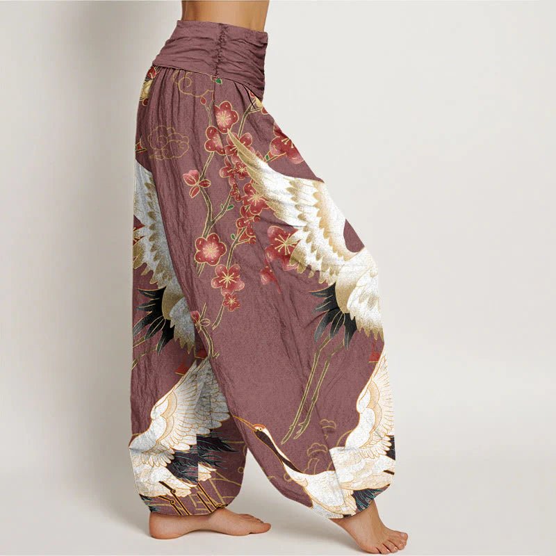 Buddha Stones Cotton Cranes Flowers Auspicious Clouds pattern Women's Elastic Waist Harem Pants
