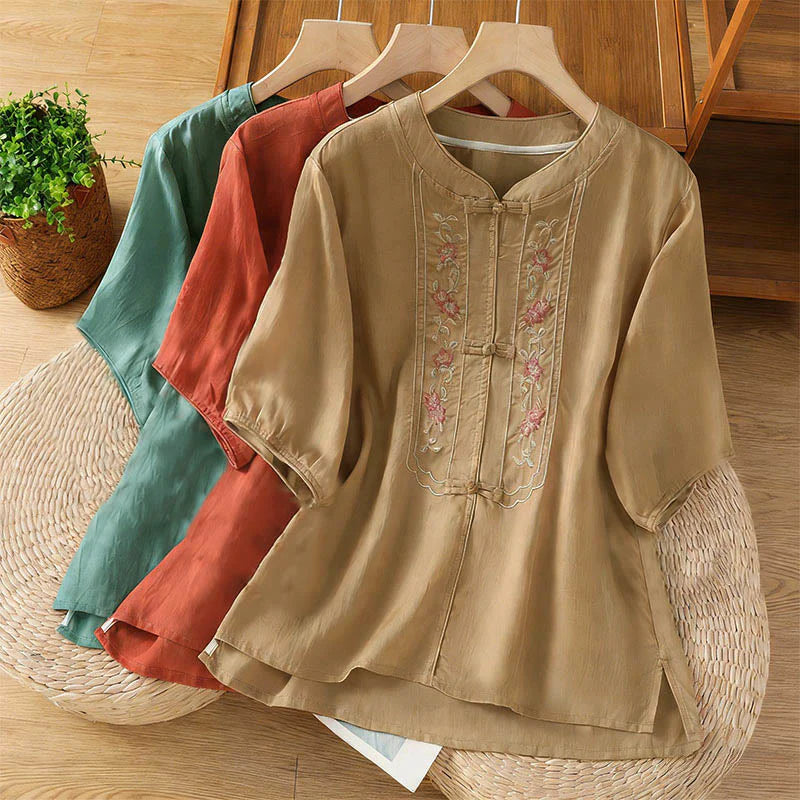 Buddha Stones Frog-button Stand Collar Embroidered Flower Elastic Cuff Three Quarter Sleeve Women's Shirt