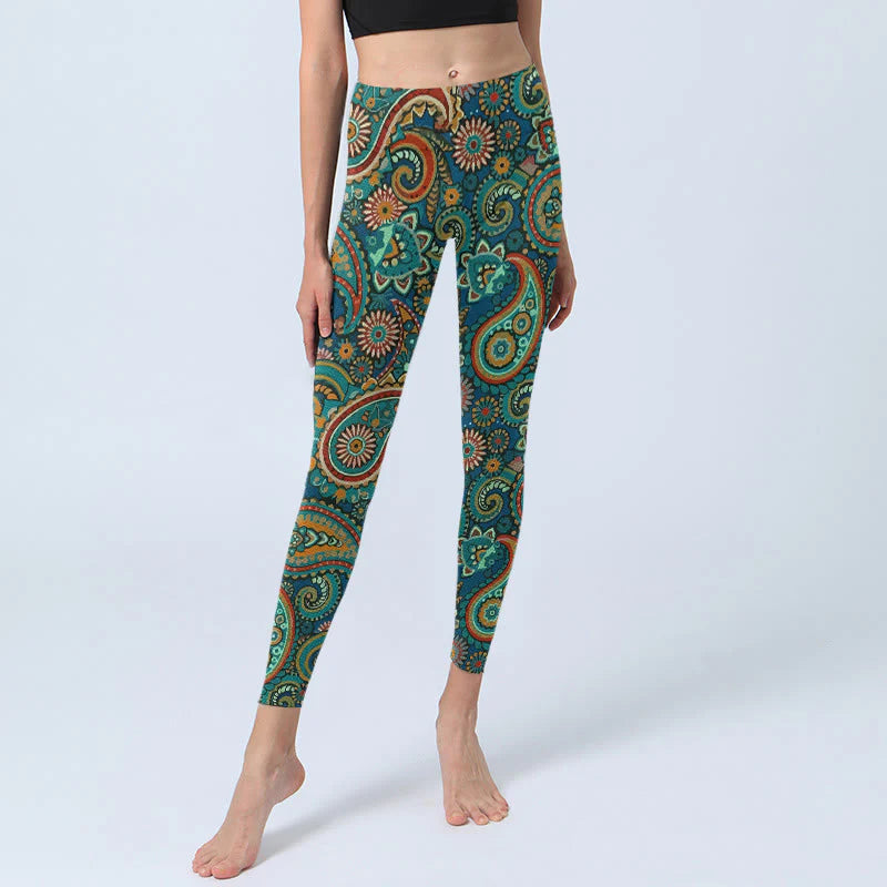 Buddha Stones Retro Paisley Pattern Print Gym Leggings Women's Yoga Pants