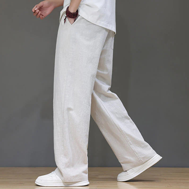 Buddha Stones Summer Men's Cotton Linen Straight Leg Pants With Pockets