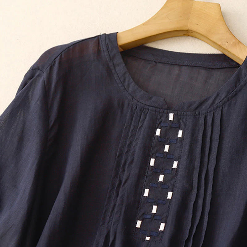 Buddha Stones Embroidery Crew Neck Pleats Women's Cotton Linen Half Sleeve T-shirt