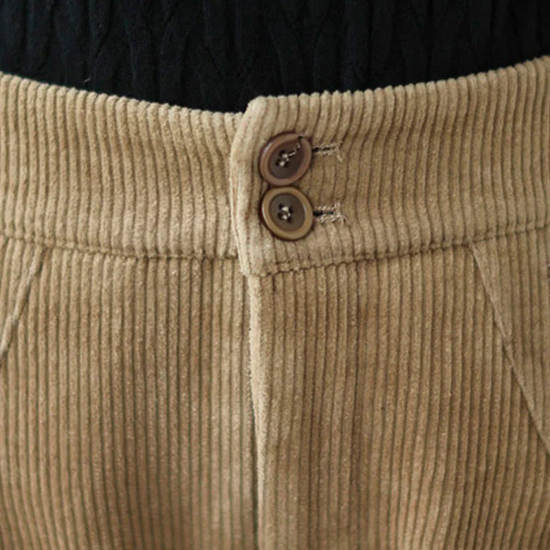 Buddha Stones Casual Buttons Leg Opening Design Women's Cotton Corduroy Pants With Pockets