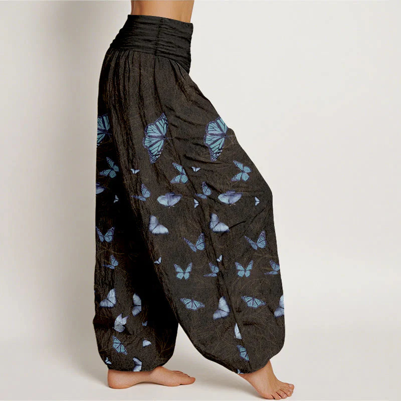Buddha Stones Cotton Dreamlike Butterfly Leaf Pattern Women's Elastic Waist Harem Pants
