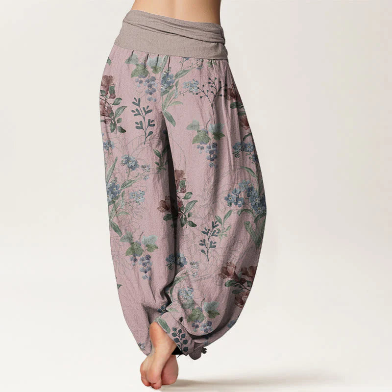 Buddha Stones Pure Cotton Red Blue Flowers Green Leaves Design Women's Elastic Waist Harem Pants