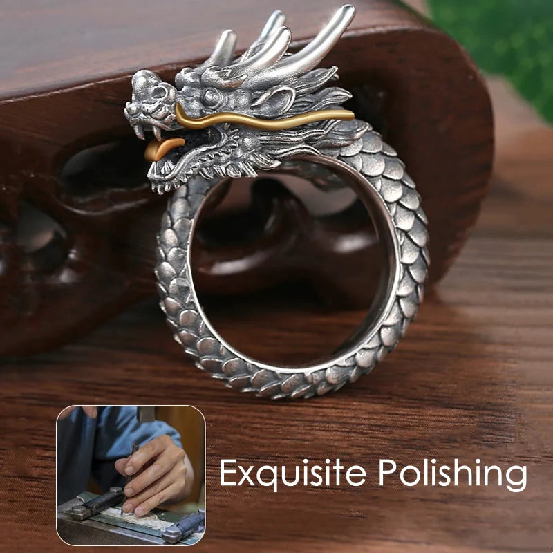 Buddha Stones 925 Sterling Silver Vintage Dragon Design Protection Strength Adjustable Ring  (Extra 30% Off | USE CODE: FS30)